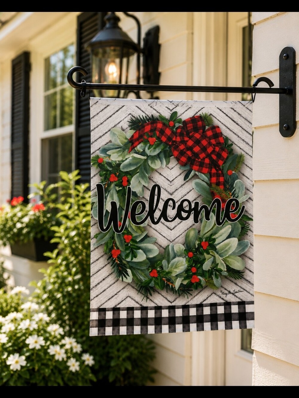 Winter Welcome Holiday Garden Flag - Red Plaid & Green Wreath